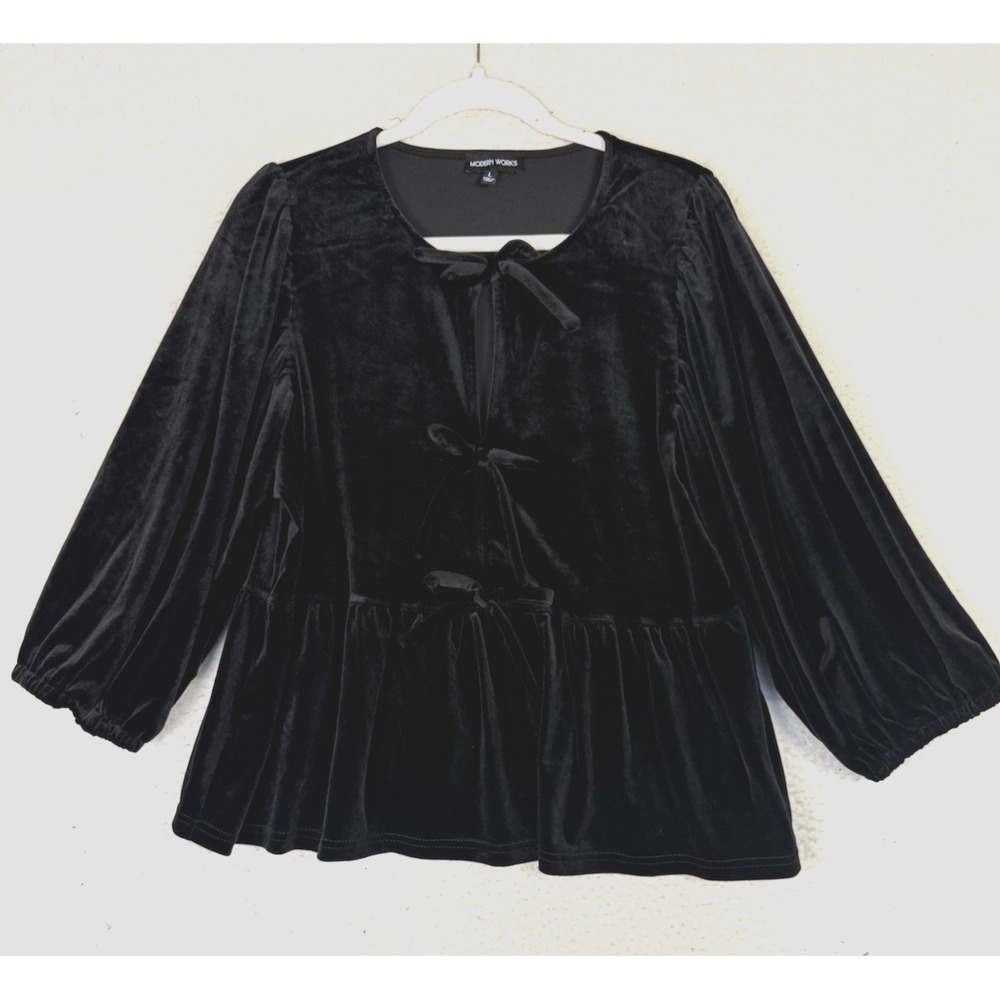 Modern Works Top Womens L Black Velvet Bow Coquette Ruffle Whimsygoth Witchy‎